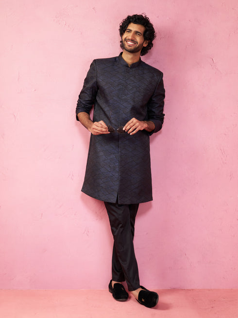 Men's Navy Blue Silk Blend Indowestern And Pant Set